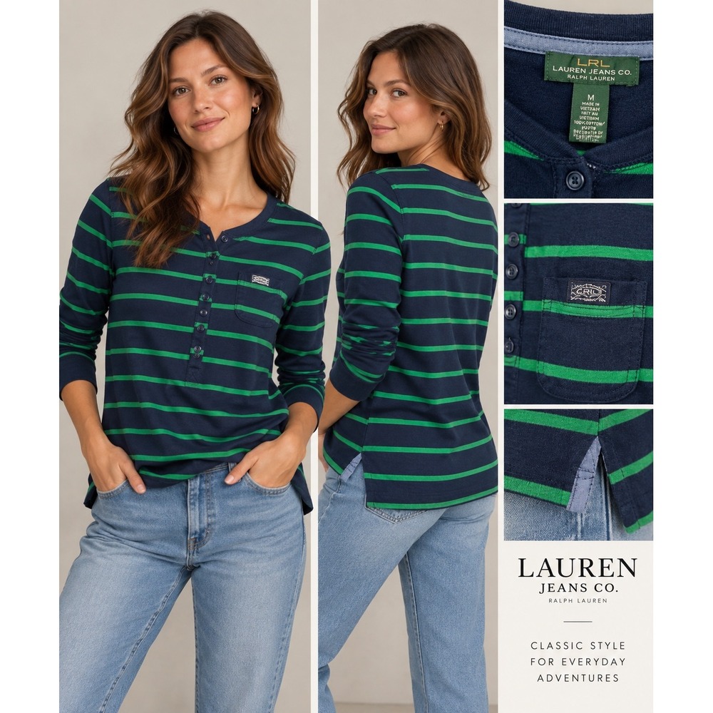 Lauren Jeans Co Ralph Lauren Navy Green Striped Henley Long Sleeve Top M